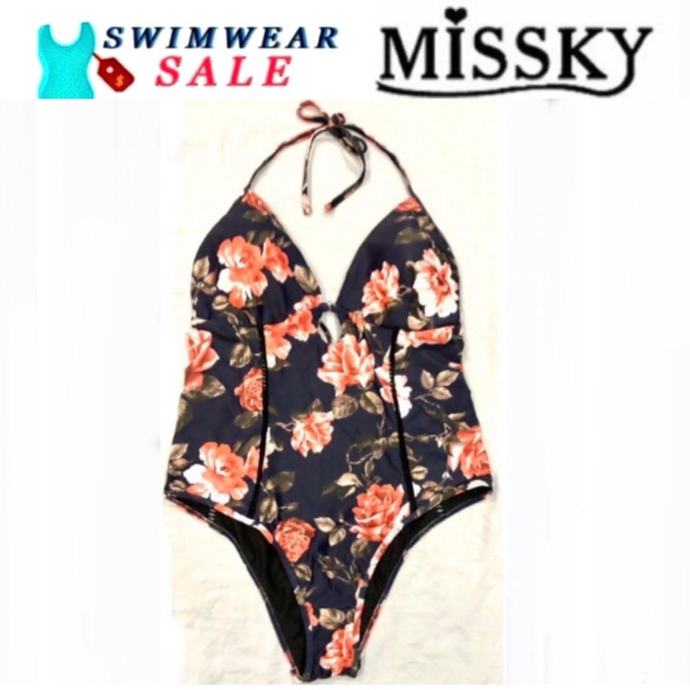 MISSKY One Piece Plunge Sexy Hollow Out floral swinsuit size XL NWT